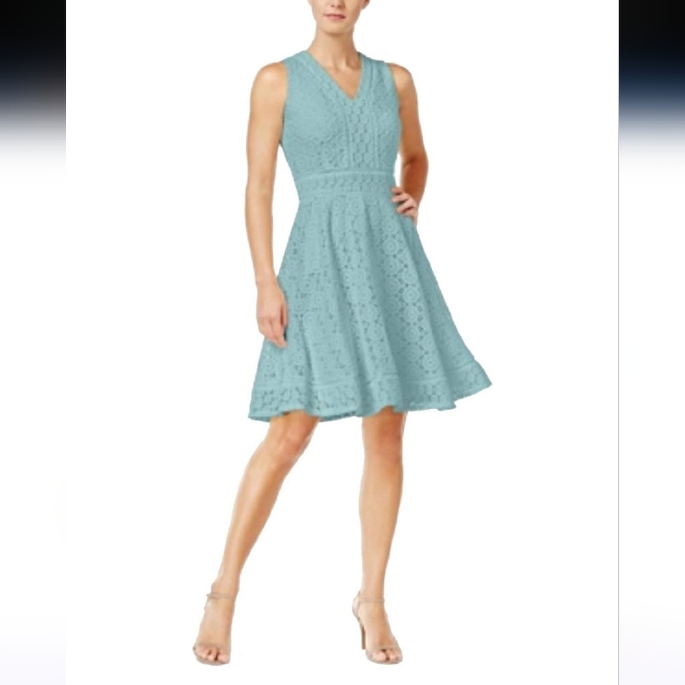 Charter Club Dress Petite Small Crocheted Lace Design Aqua Fit And Flare